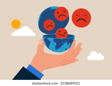 Open globe to see angry faces. Concept of bad new and idea. Burnout from tiring work or demotivation from failure, stress. Flat vector illustration.