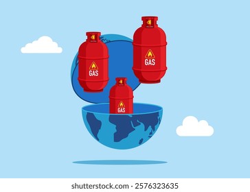 Open globe to see gas cylinders. Vision plan and perspective. Trading natural gas. Modern vector illustration in flat style