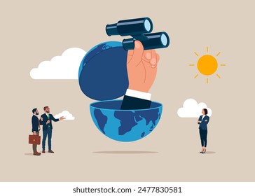 Open globe using binoculars looking for future vision. International opportunity for business, work or investment, searching for oversea business concept. Flat vector illustration