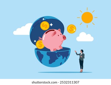 Open globe. Wellbeing metaphor. Collecting Money in Account, Open Bank Deposit. Family Finance Budget Economy Concept. Flat vector illustration.