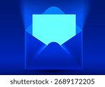 Open glowing blue envelope with blank paper. Abstract communication message concept. A modern vibrant design for new mail or notification. Vector illustration.