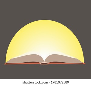 Open glowing book in dark vector ilustration. Image of Glory Book of Holy Spirit knowledge and key of happy deifying life. Holy Bible education. Self education the Logos.