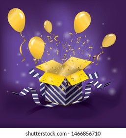 Open glowing magic surprise gift box and balloons. Violet striped carton box. Golden confetti explosion and magic light comming from Inside. Bright festive golden color tinsel . Vector Illustration