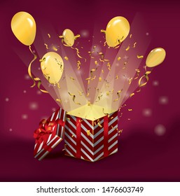 Open glowing magic surprise gift box with cover. Red striped carton box. Golden confetti explosion and magic light comming from Inside. Bright festive golden color tinsel . Vector Illustration
