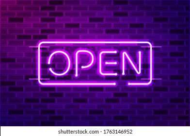 Open glowing neon sign or LED strip light. Realistic vector illustration. Purple brick wall, violet glow, metal holders.