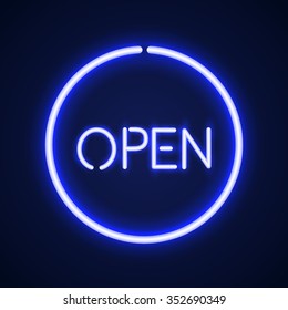 Open glowing neon sign. Light vector background for your advertise, discounts and business 