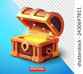 Open and glowing treasure chest, 3d vector. Suitable for element design and game elements
