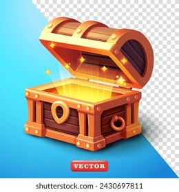 Abierto y brillante cofre del tesoro, vector 3d. Adecuado para el diseño de elementos y elementos de juego