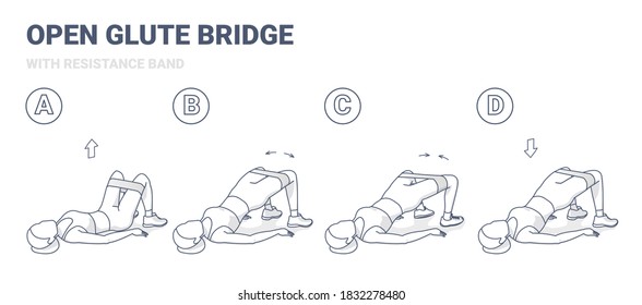 Open Glute Bridge With Resistance Band Exercise illustration. Concept of Girl Home Workout a Young Woman in Sportswear Does the Fitness Exercise for Butt Shaping. Sport clipart.