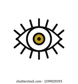 Open gold eye line icon on white background. Look, see, sight, view sign and symbol. Vector linear graphic element. Optical and search theme in minimal design style. Golden eye with eyelashes.