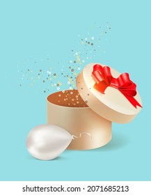 Open gold gift with silver balloon. Gift on blue background.