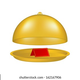 Open golden cloche with blank paper card - Powered by Shutterstock - Get 15% off with code: PIKWIZARD15