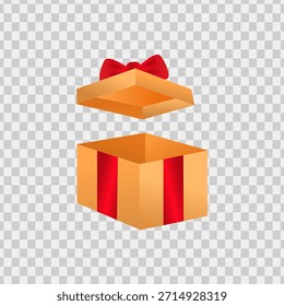 Abra a caixa de presente dourada com um arco de fita vermelho. Adequado para férias, celebração, surpresa, presente, Natal, aniversário, conceitos de ocasião especial.
