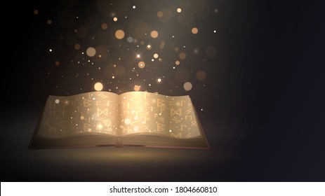 Open golden magic book with fairy tales or spells in dark room and bright light