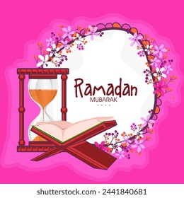 Open golden pages, Islamic religious book "Quran Shareef" with golden glass sand timer or clock on flower decorated background for Holy month of prayers, Ramadan Kareem celebrations.