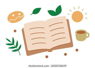 Open gratitude journal with floating icons like sun, coffee, and friends. Hand-drawn vector style in warm earthy colors. Positive, reflective design on white background for wellness.
