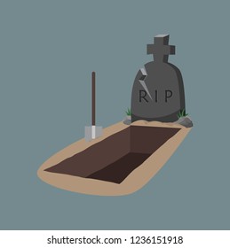 Open Grave And Headstone With Hoe 