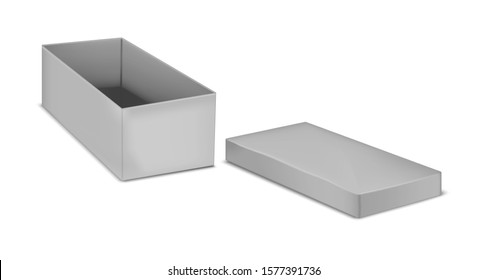 Open gray cardboard box empty inside, vector template. Blank paper package, mock-up.