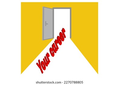 an open gray door from which a white light emanates and a red inscription "your career" on a yellow background