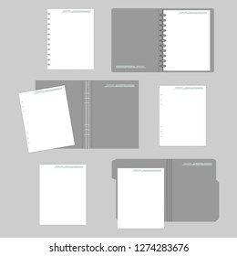 Open Gray Folders, Mockup Set. File Folder With Cut Tab, Disc And Ring Binders With Filler Paper Sheets, Mock-up For Corporate Identity Design