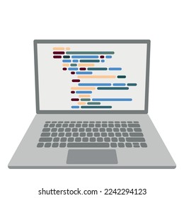 Open gray laptop, on screen imitation of program code, flat vector, isolated on white