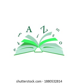 open green book and letters. simple color silhouette or sign of handbook, glossary, guidebook, journal, vocabulary, brochure, diary on white background. concept of storytelling, publication, bookshop