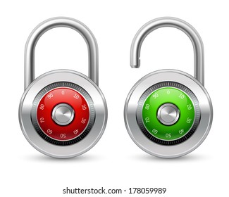 Open green and closed red realistic steel security lock icon with shackle protected by password combination isolated vector illustration