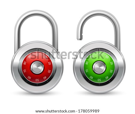Open green and closed red realistic steel security lock icon with shackle protected by password combination isolated vector illustration