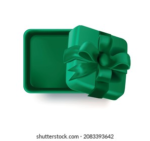 Öffnen Sie den grünen Würfel. Realistische Geschenkbox zum Jubiläum oder zu Feiertagen, Vektorgrafik einzeln auf weißem Hintergrund