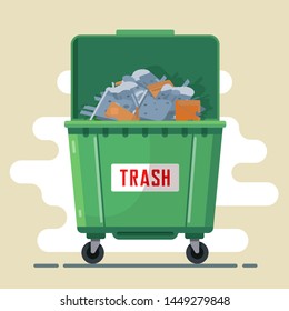 Open Green Dumpster With Trash Inside. Flat Vector Illustration