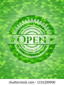 Open green emblem. Mosaic background