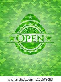 Open green emblem. Mosaic background