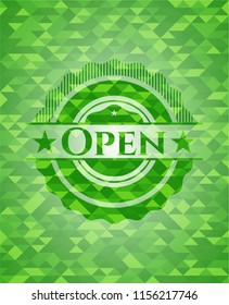 Open green emblem with triangle mosaic background