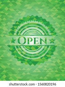 Open green emblem with triangle mosaic background. Vector Illustration. Detailed.