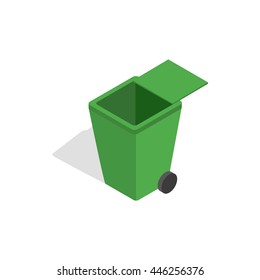 Open green garbage container icon in isometric 3d style on a white background
