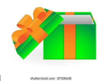 Open green gift box with orange ribbon on white background. Vector illustration.