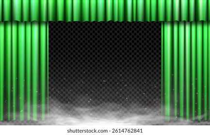 Open green luxury curtain with spotlight, smoke and fog on elegant stage. Vector velvet drapes, texture and sparkles. Perfect for festive show, film, retro performance or product reveal.