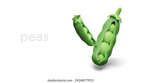 Open green pea pods. Advertising of fresh legumes. Appetizing sweet peas