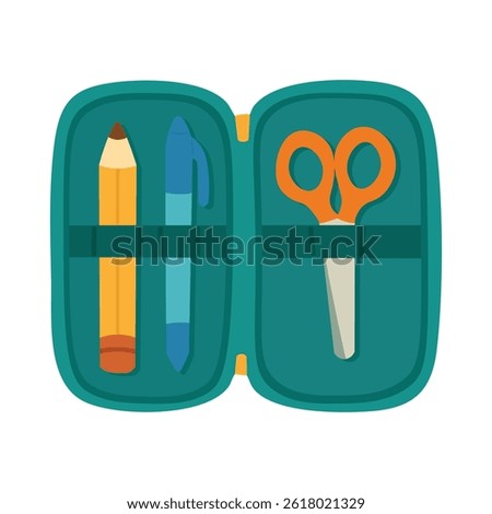 Open green pencil case with pencil, pen and scissors inside. Flat cartoon school supply illustration.