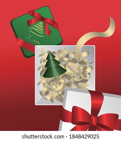 Open green and red gift box with ribbon bow present on holiday. 3D illustration.