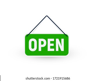 Open green signboard for door of restaurant, cafe, gym, shop and market. Isolated vector cartoon illustration on white background.