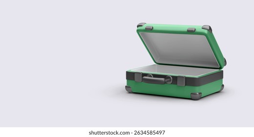 Open Green Suitcase With Black Handle And Corners On Light Background, Minimalist Style With Realistic 3D Design. Ideal For Travel, Packing, Or Tourism Concepts. Vector Illustration.
