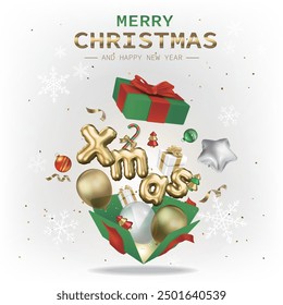 Open green surprise box with balloons, gifts and Christmas decorations, Merry Christmas and Happy New Year