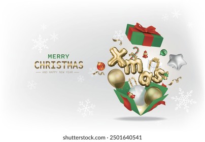 Open green surprise box with balloons, gifts and Christmas decorations, Merry Christmas and Happy New Year