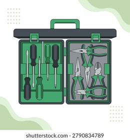 An open green toolbox with hand tools. It includes various screwdrivers and pliers in flat design. Clean layout with geometric background shapes. Perfect for hardware store promo and DIY repair graphics.