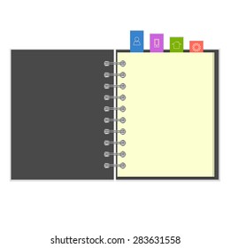 Open grey cover blank ring-bound notebook with colorful information  bookmarks