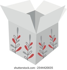 open grey decorated gift box. holiday present box with grass illustrations. happy birthday, Christmas, New Year, wedding or Valentine day package concept. vector flat illustration isolated.