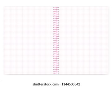 Open grid lined wire bound notebook with pink spiral, vector mock up. Loose leaf notepad spread isolated on white background, template