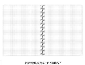 Open grid lined wire bound notebook with metal spiral, vector mock up. Loose leaf notepad spread isolated on white background, template