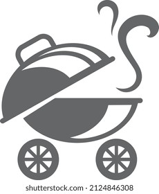 Open grill on wheels with smoke lines. Tasty smell icon
